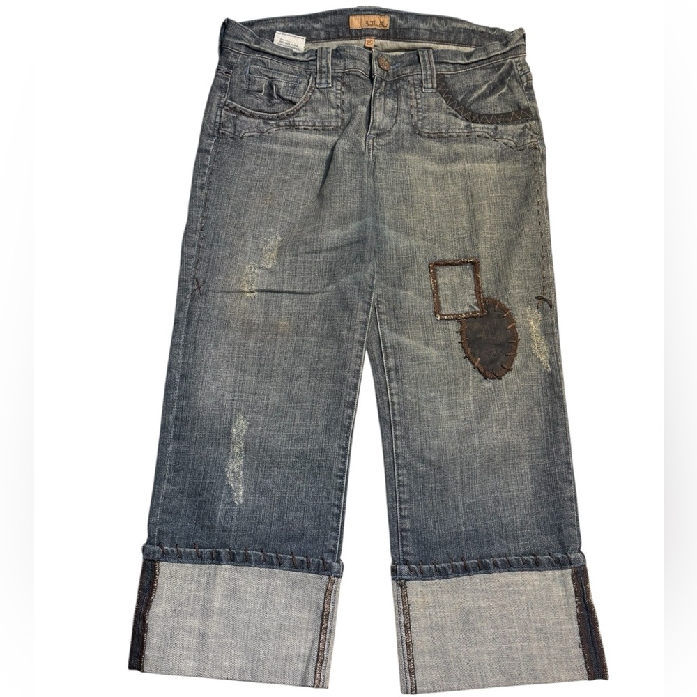 NEW Y2K See Thru Soul Capri Jeans 29 Blue Gray Boyfriend Cuffed Distressed Patch